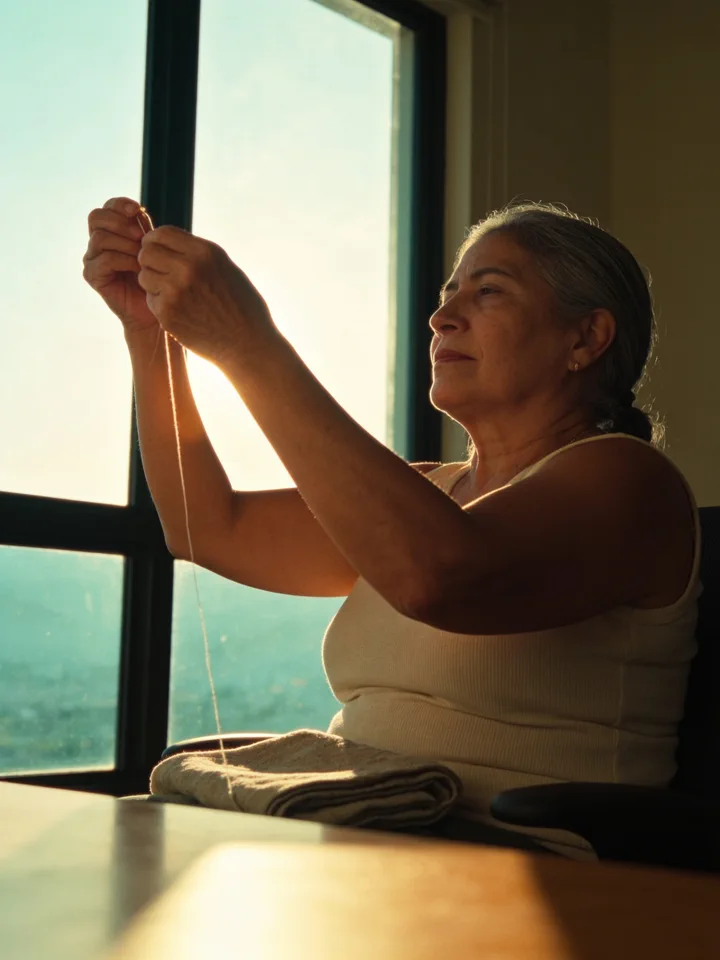 An older woman holds a thread up against the light by the window, with the fabric folded on her lap.