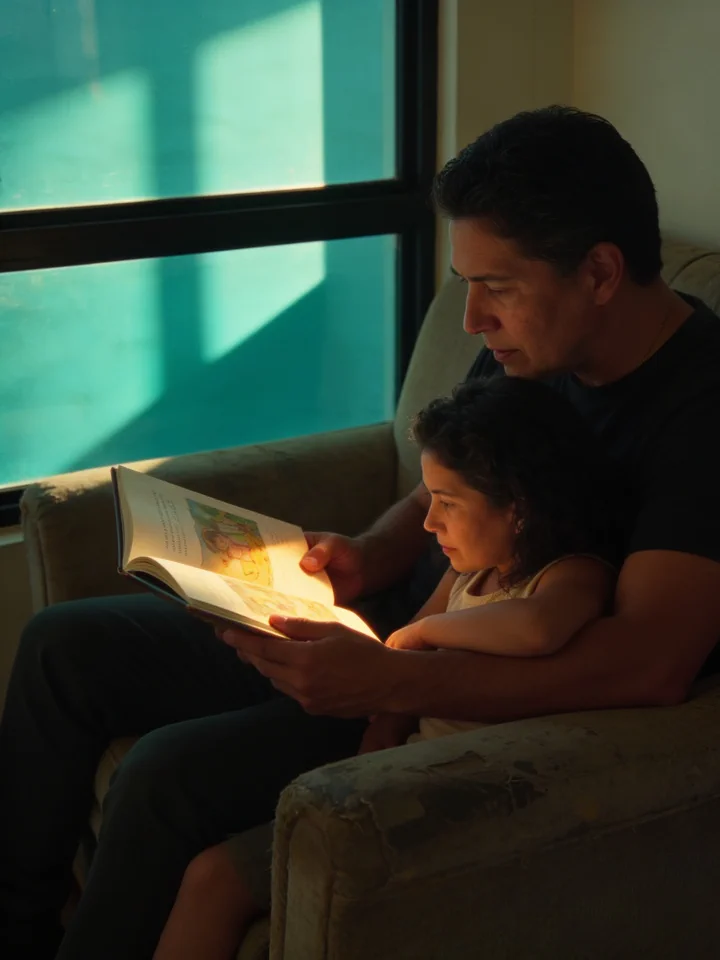 A father reads an illustrated storybook on the couch with his daughter leaning on his arm; the afternoon light falls on the open pages.