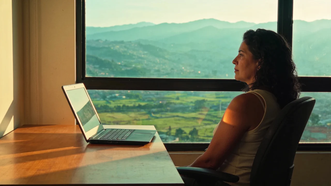 A woman looks away from her laptop and gazes out the window at a green valley with mountains in the background, late in the afternoon.