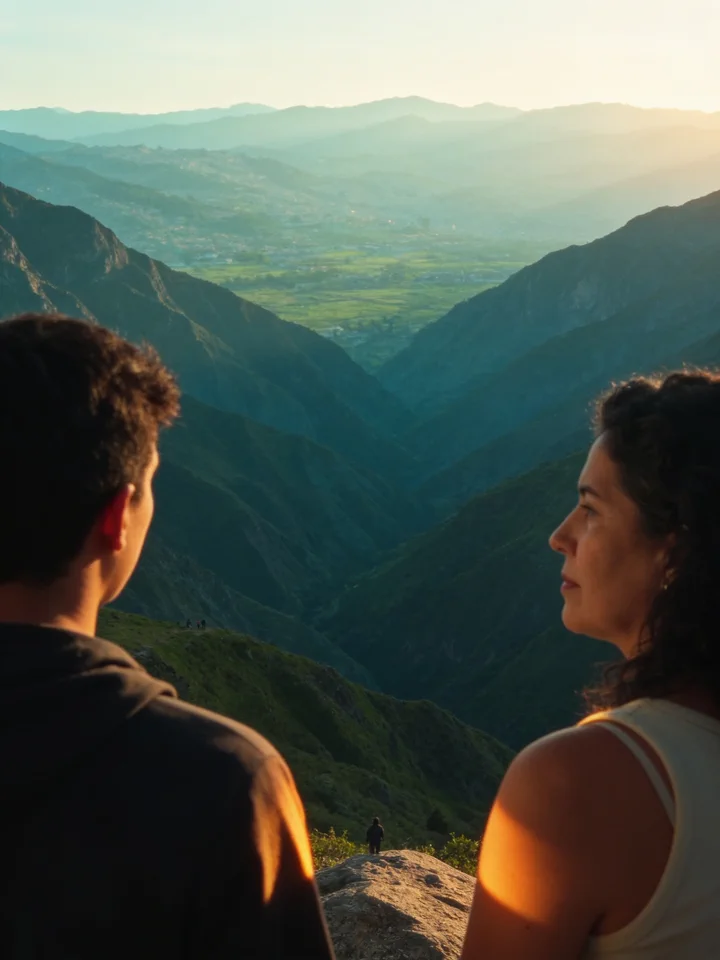 Two young people seen from behind at a mountain overlook gaze at a huge valley that fades away into layers of bluish mountains.